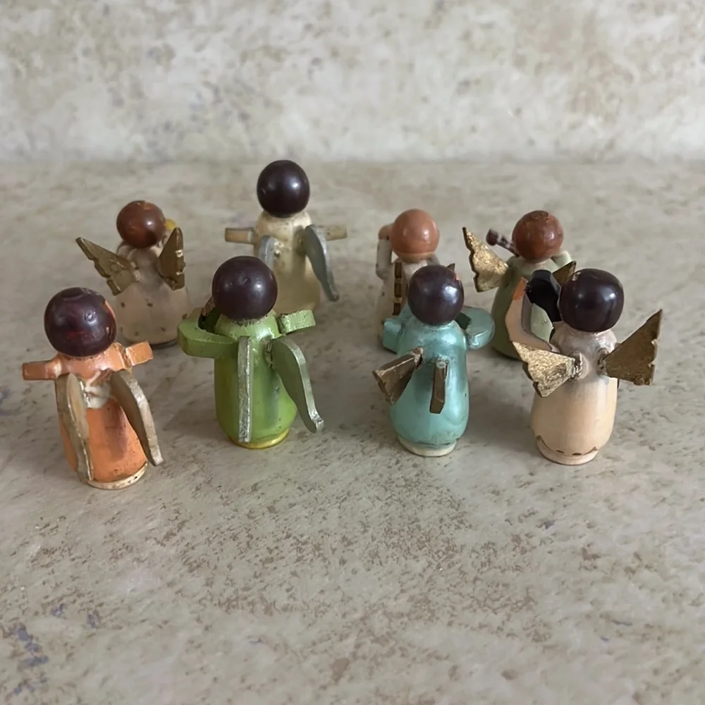Vintage set of 8 Miniature Wooden Angel Musicians Japan